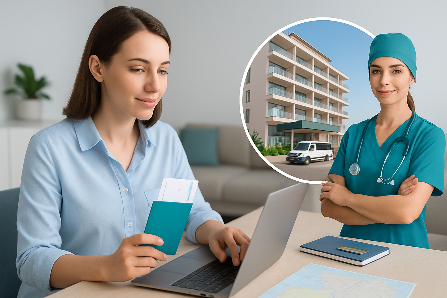 Frau mit Koffer am Flughafen bereitet sich auf Reise zur Schönheits-OP in der Türkei vor