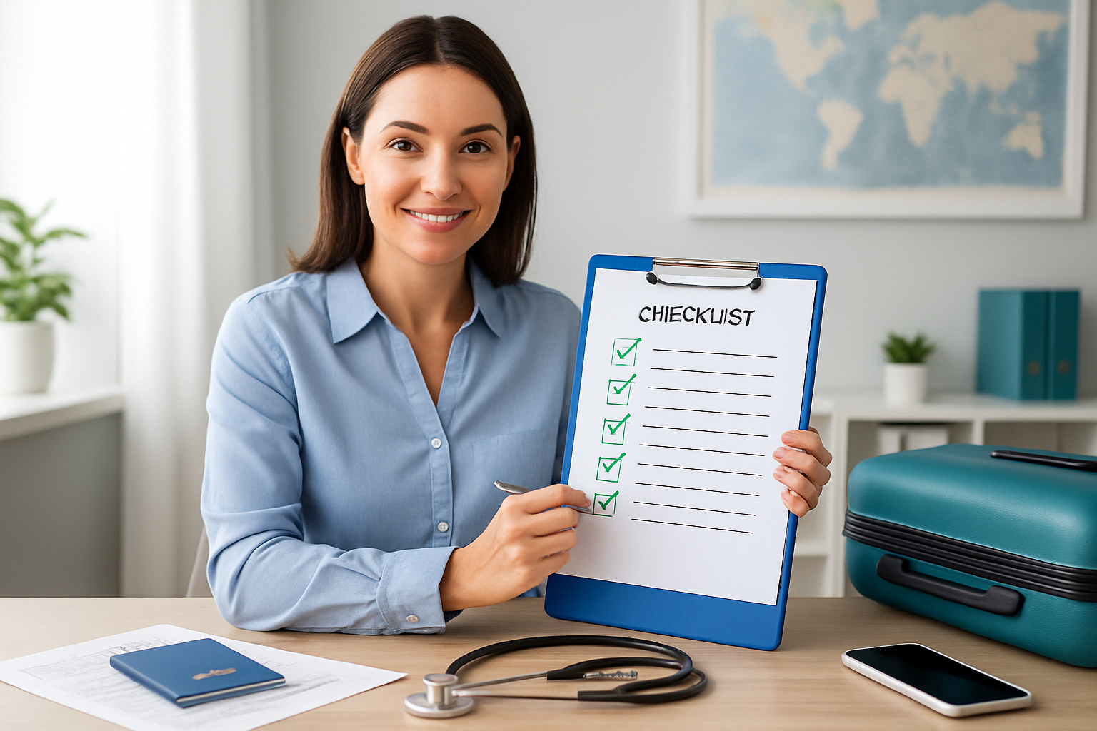 Person plant Schönheits-OP in der Türkei mit Checkliste und Dokumenten auf dem Tisch